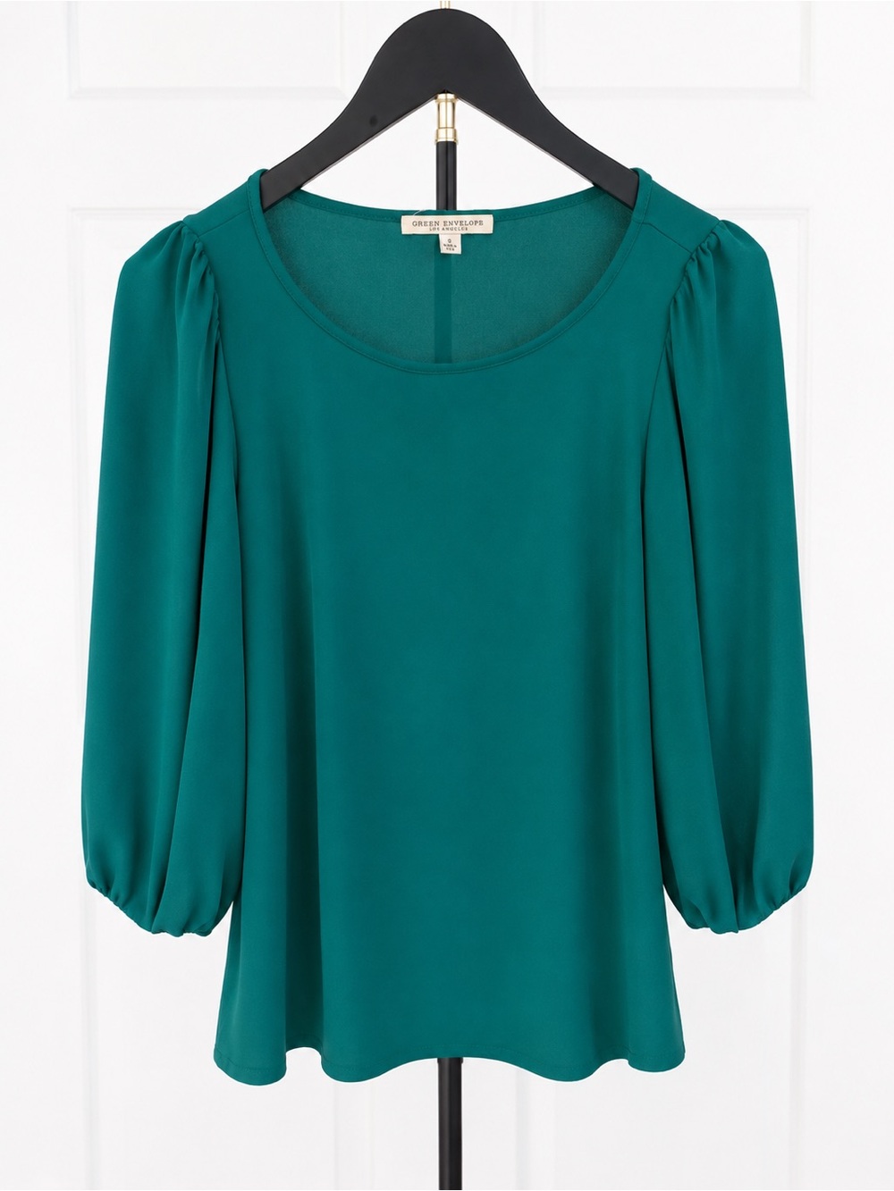 Green Envelope Green Puff-Sleeve Scoop-Neck Blouse